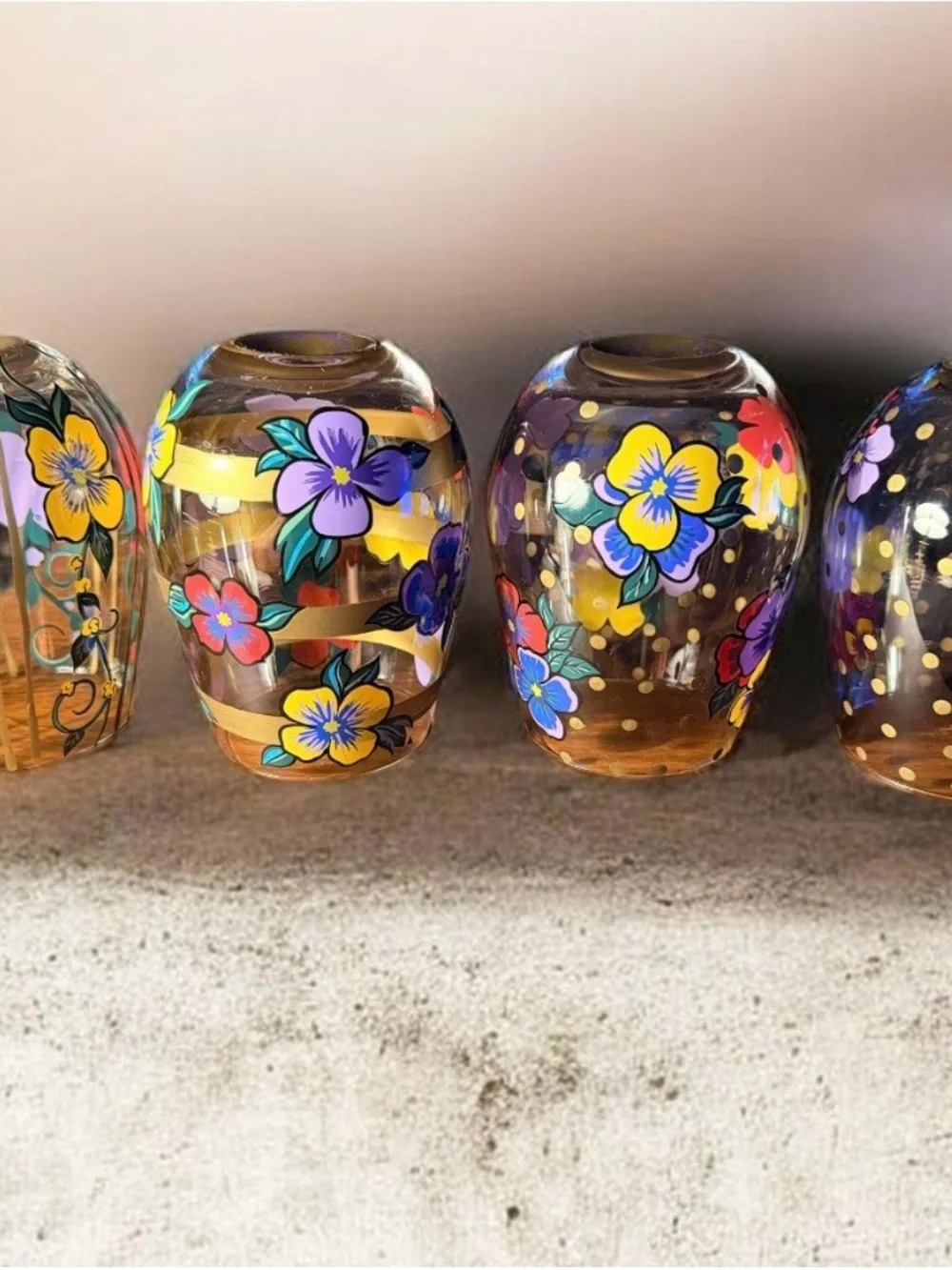 Lolita Hand-Painted Floral Stemless Wine Glasses Colorful Flowers & Gold Accents